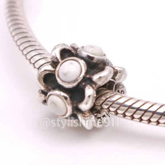 Authentic PANDORA Sterling Silver Forget Me Not White Agate Charm - Picture 1 of 9